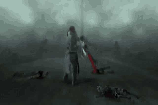 a man is holding a sword in a dark room with a lot of dead people .