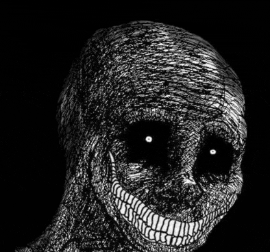 a black and white drawing of a person 's face with glowing eyes and a large smile .