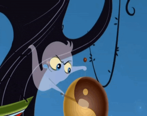 a cartoon cat is hanging upside down with a yin yang symbol in its mouth
