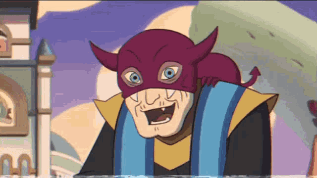 a cartoon character is wearing a devil mask and smiling