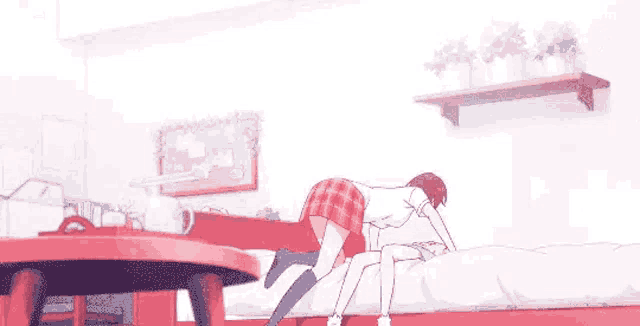 a boy and a girl are kissing in a bed in a pink anime .