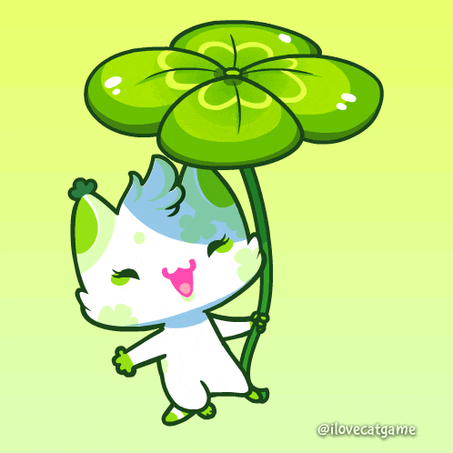 a cartoon drawing of a cat holding a four leaf clover with the caption i love catgame