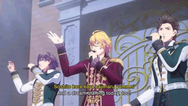 a group of anime characters are singing and one of them says " soshite kore kara hajimaru yume ni "