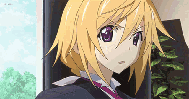 a girl with blonde hair and purple eyes is standing in front of a tree