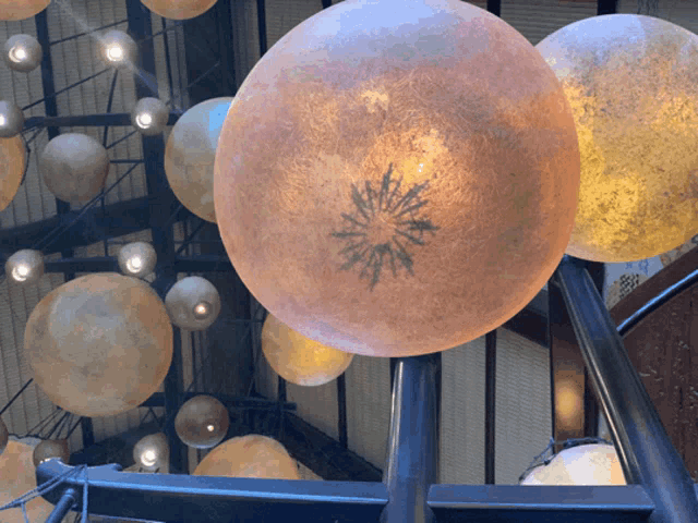 a bunch of balls are hanging from the ceiling