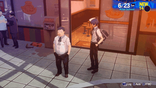 a screenshot of a video game shows two people standing in front of a restaurant