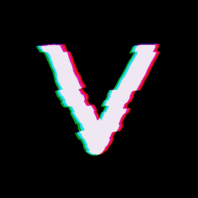 the letter v is displayed with a glitch effect on a black background