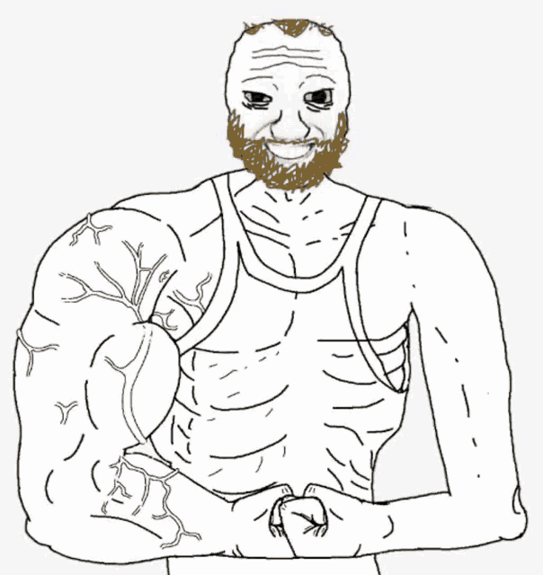 a drawing of a man with a beard flexing his muscles .