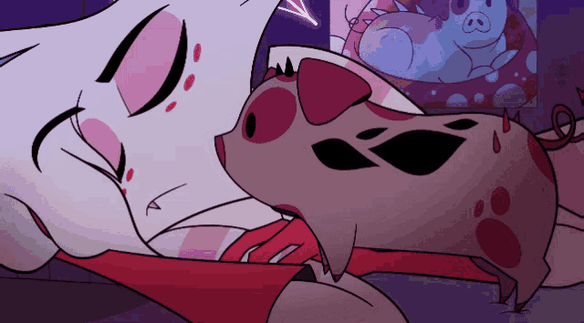 a cartoon drawing of a pig laying on a person 's lap