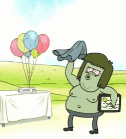 a cartoon character is standing in front of a table with balloons and a thank you sign