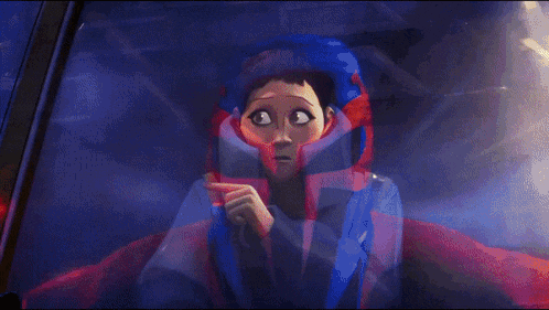 a cartoon character is sitting in a car with a scarf around her head