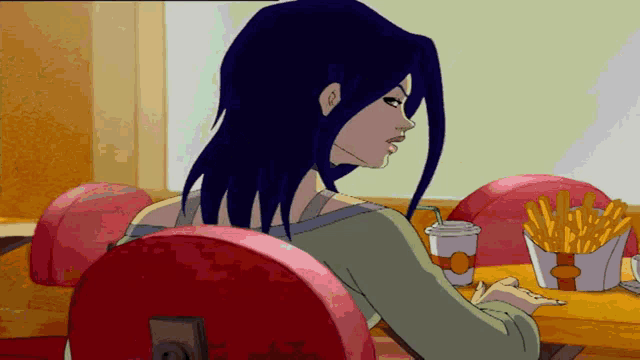 a cartoon woman sits at a table with french fries and a cup of coffee