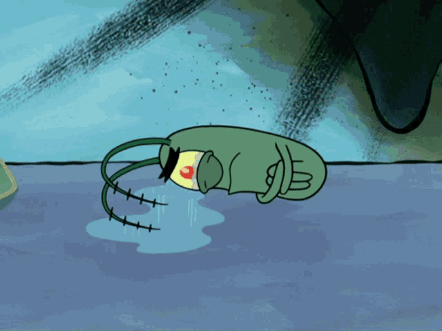 a cartoon drawing of a spongebob plankton laying on the ground