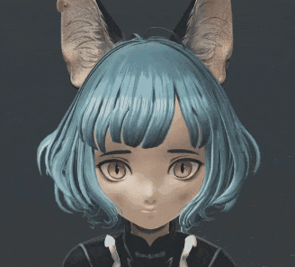 a girl with blue hair and cat ears is looking at the camera