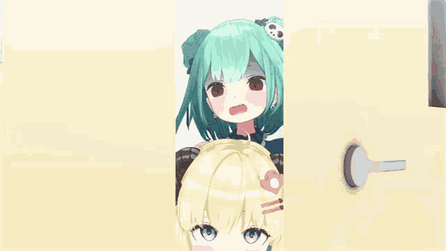 a couple of anime girls peeking out of a door .