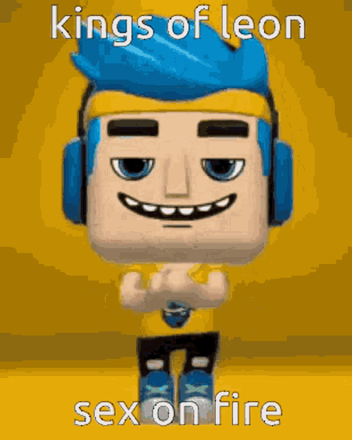 a cartoon character with blue hair and headphones says " kings of leon "