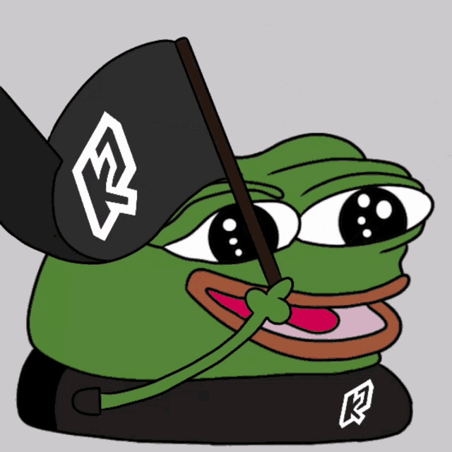 a green cartoon frog holding a black flag with a white r on it