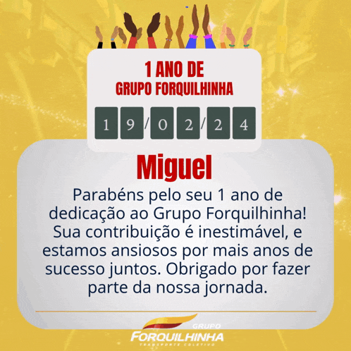 an advertisement for grupo forquilhinha congratulating miguel on his first year