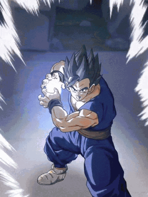 a cartoon of a man in a blue outfit holding something in his hand