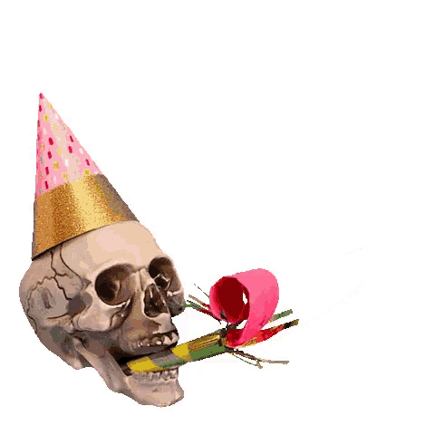 a skull is wearing a party hat and blowing a party horn .