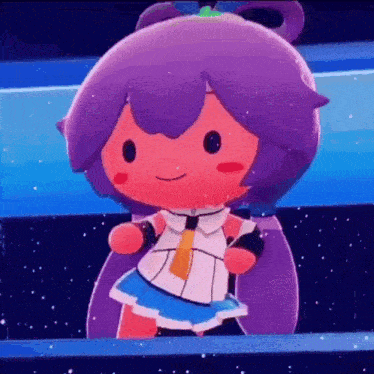 a close up of a cartoon character with purple hair and a blue skirt .