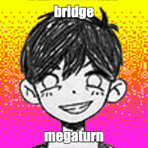 a black and white drawing of a boy smiling with the words `` bridge megaturn '' written on the bottom .