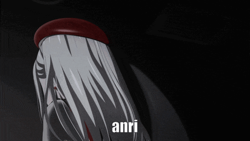 a woman with long white hair is wearing a red hat and the name anri is on the bottom