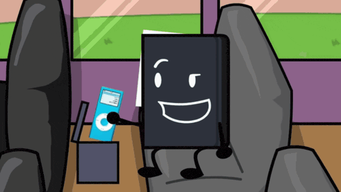 a cartoon character holding an ipod and a book with a smiling face