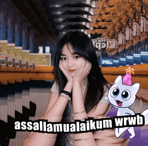 a picture of a girl and a cat with the words assalamualaikum wrwb on it