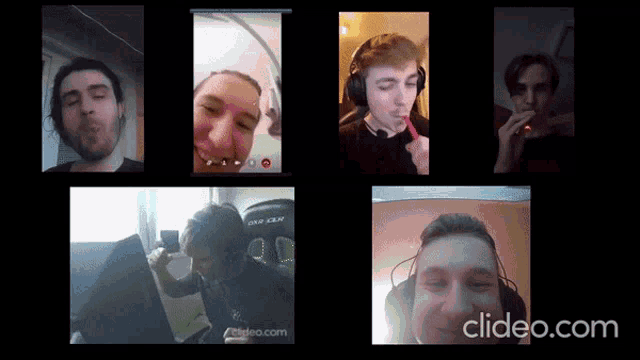 a group of people are having a video call with the website clideo.com at the bottom of the screen
