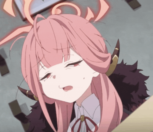 a pink haired anime character with horns and a bow