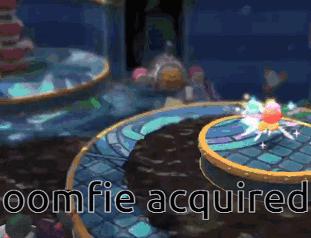 a video game scene with the words " oomfie acquired " at the top