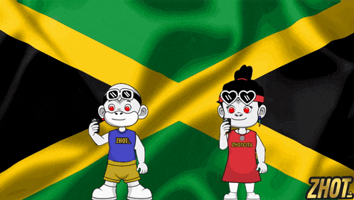 a boy and a girl are standing in front of a jamaican flag and the girl is wearing a shirt that says zhot
