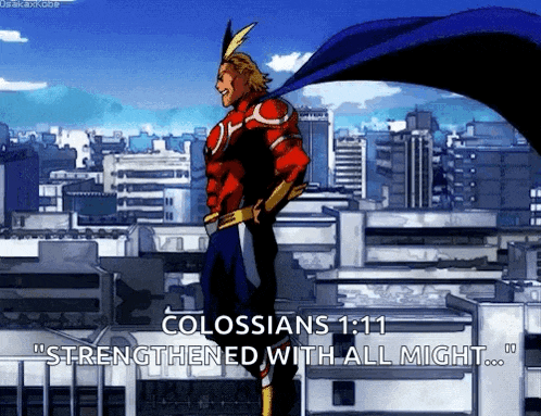 all might from my hero academia is standing in front of a city with a quote from the bible