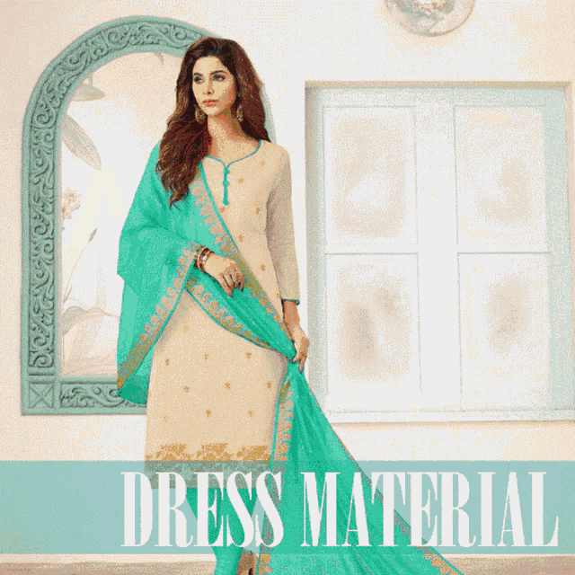 a woman wearing a dress with the word dress material below her