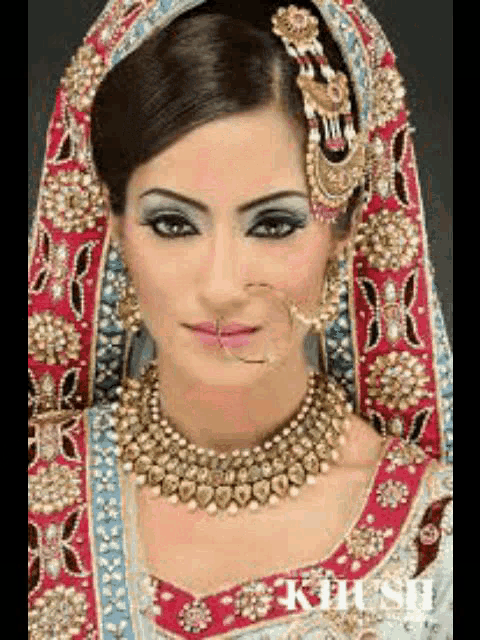 a close up of a woman wearing a veil and jewelry with the word khushi on the bottom