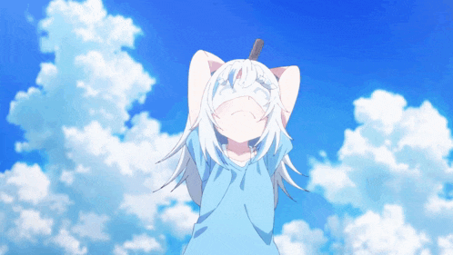 a girl with white hair and a blue shirt looks up at the blue sky