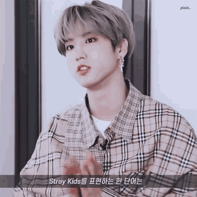 a young boy wearing a plaid shirt with the words stray kids on the bottom