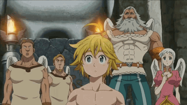 a group of anime characters are standing in a room and one of them has a sword in his hand