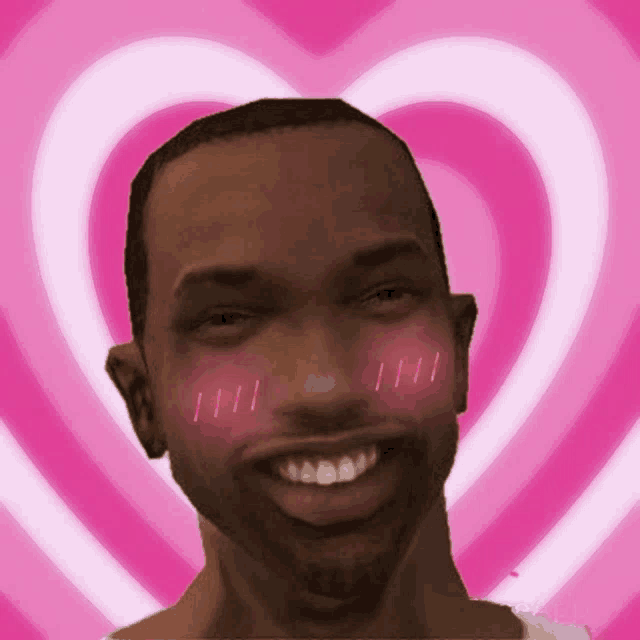 a man with a pink heart in the background