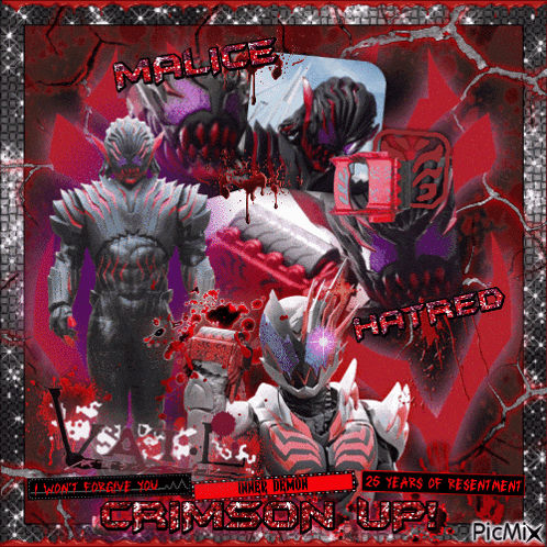a picture of a demon with malice hatred and crimson up written on it