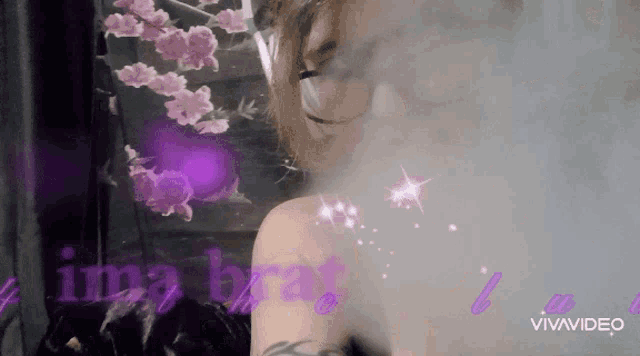 a woman with a tattoo on her arm is surrounded by purple flowers and the words ima brat