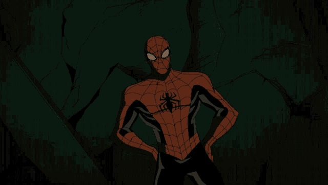 a cartoon of spider-man standing in a dark room