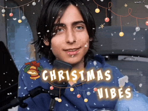 a picture of a man with the words christmas vibes written above him