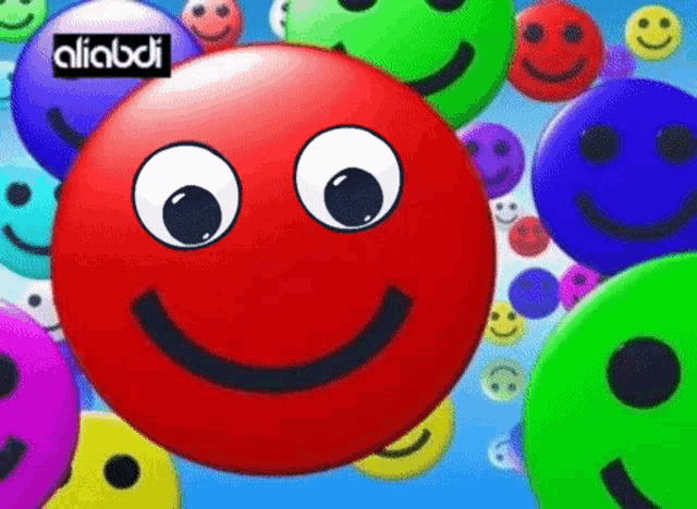 a red ball with a smile on it is surrounded by smiley faces .