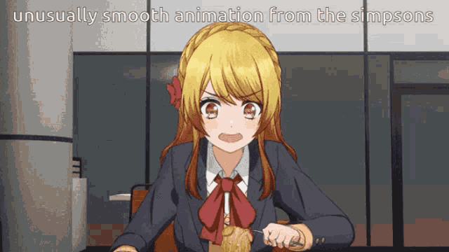 a cartoon of a girl eating spaghetti with the words " unusually smooth animation from the simpsons "
