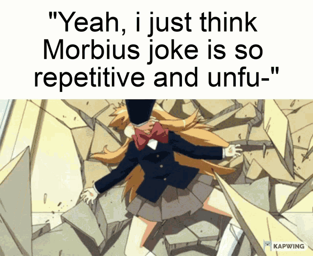 a picture of a girl with the caption " yeah i just think morbids joke is so repetitive and unfu "