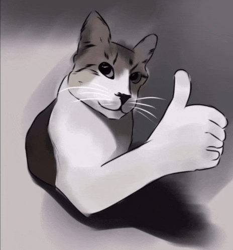 a drawing of a cat with a thumbs up sign