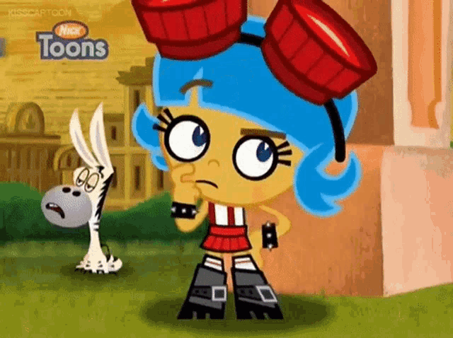 a girl with blue hair is standing next to a donkey in a cartoon from nick toons .