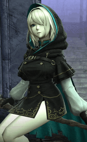 a woman with blonde hair and a black cape with a hood